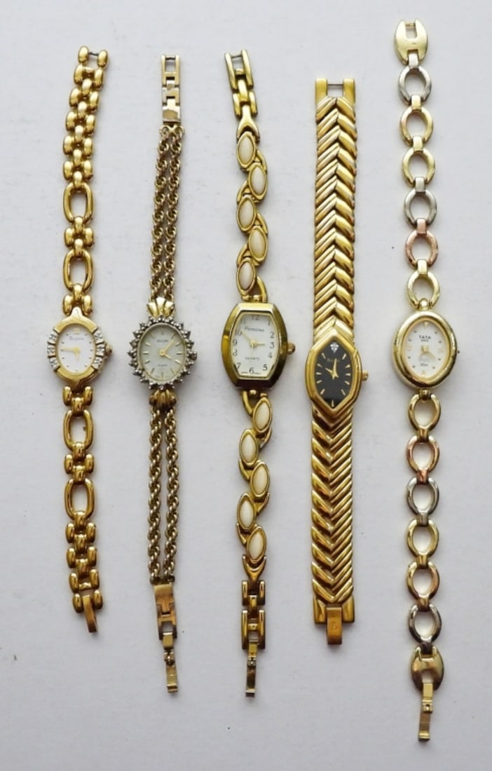 (5) GOLD TONE LADIES WATCHES WITH GEMS (1 of 2)