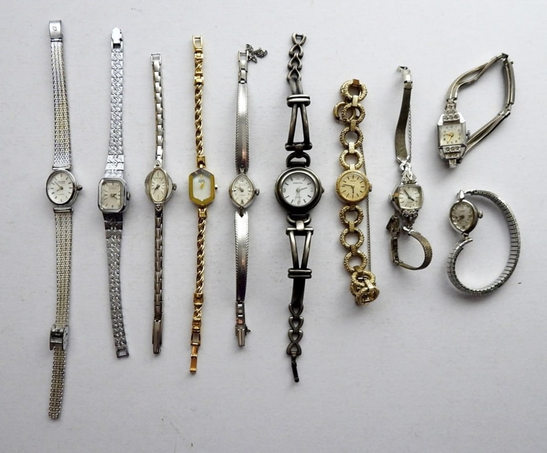 (10) SILVER & GOLD TONE LADIES WATCHES: SLIM STYLE LADIES WATCHES - SEIKO, GRUEN & MORE UNTESTED / UNVERIFIED