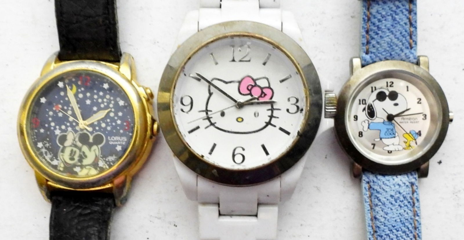 (3) CARTOON THEMED WRIST WATCHES: MICKEY MOUSE, SNOOPY, & HELLO KITTY - ALL DIFFERENT BRANDS UNTESTED / UNVERIFIED