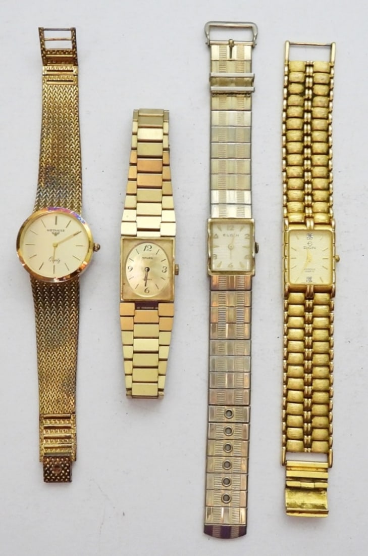 (4) GOLD TONE LADIES WRIST WATCHES: ELGIN, GRUEN & MORE - ALL DIFFERENT BRANDS UNTESTED / UNVERIFIED