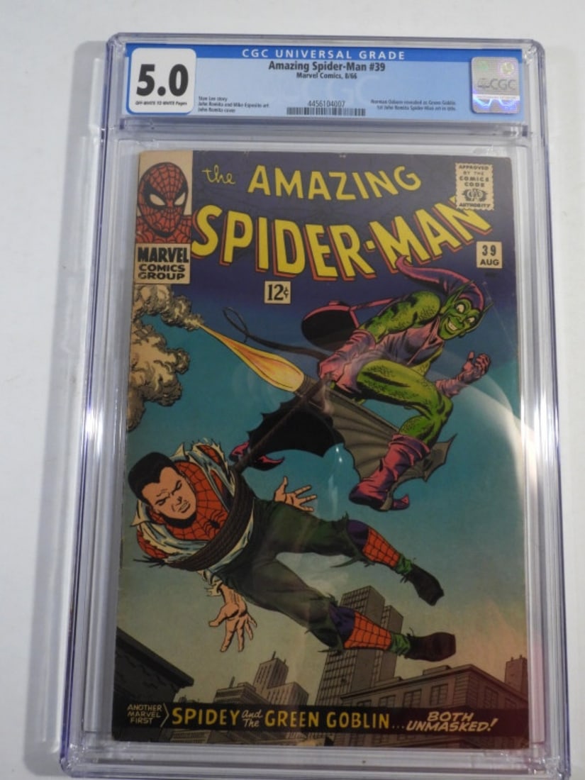 THE AMAZING SPIDER-MAN #39 CGC 5.0: THE AMAZING SPIDER-MAN #39 CGC GRADE OF 5.0 NORMAN OSBORN REVEALED AS GREEN GOBLIN, 1ST JOHN ROMITA SPIDER-MAN ART IN TITLE