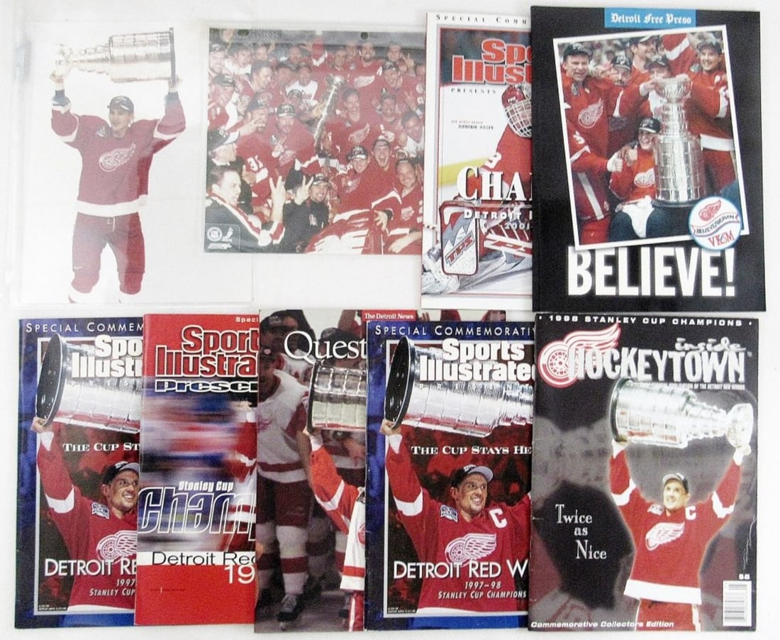 (7) MAGAZINES & (2) PHOTO DETROIT RED WINGS: SEVERAL COMMEMORATIVE ISSUES