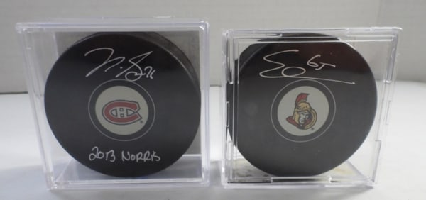 (2) AUTOGRAPHED HOCKEY PUCKS