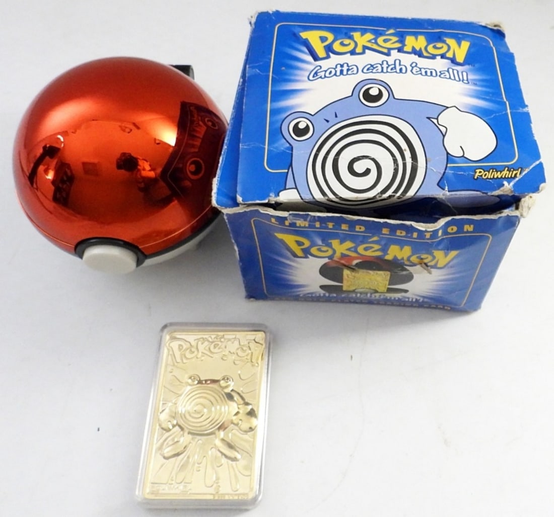 POKEMON 23K GOLD PLATED TRADING CARD: LIMITED EDITION BURGER KING POLIWHIRL POKEBALL WITH COA, BOXED IS BANGED UP