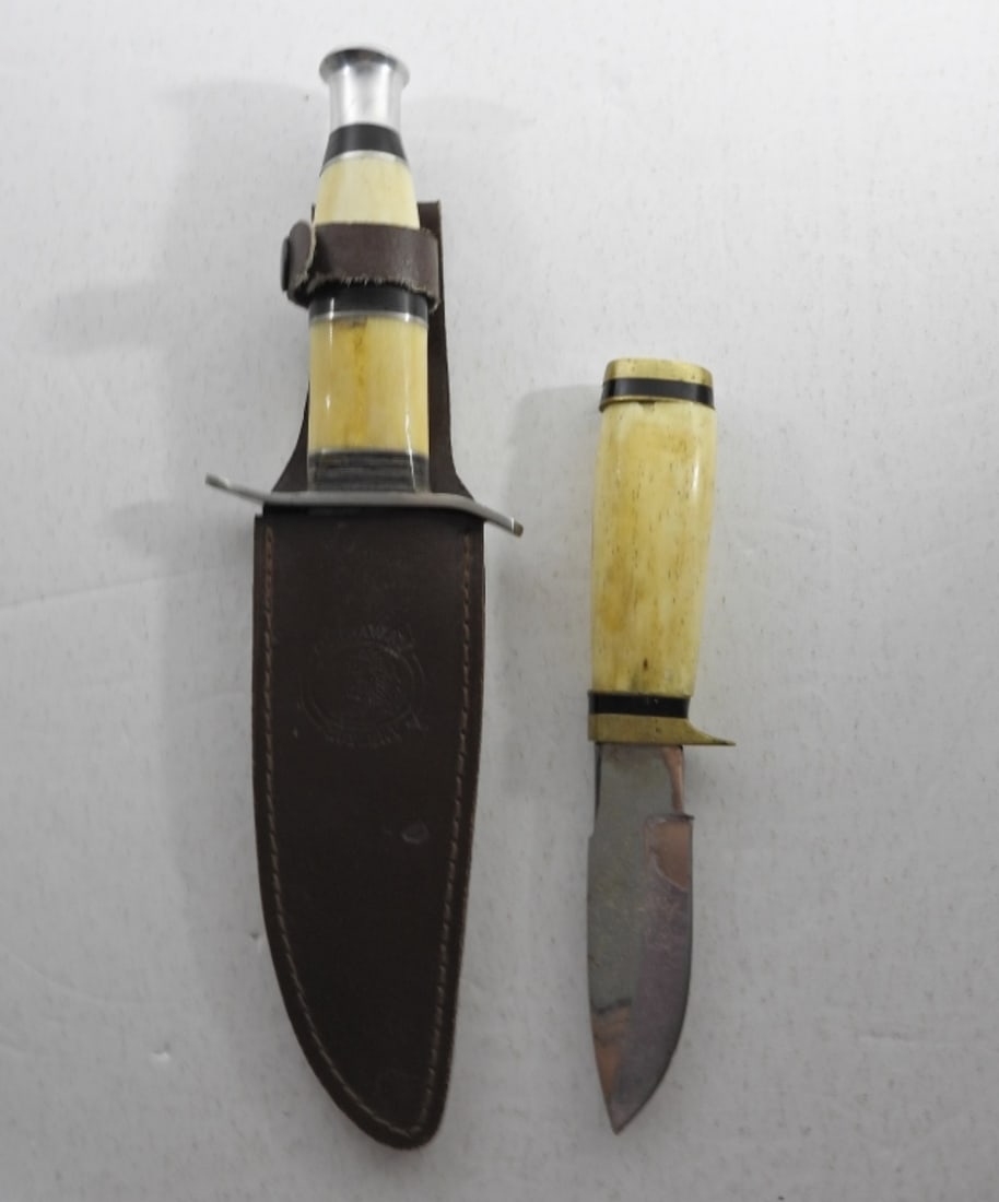 (2) BONE HANDLE KNIVES: TWO BONE HANDLE HUNTING KNIVES. CHIPAWAY CUTLERY WITH LEATHER SHEATH (11.5" LONG) & UNBRANDED (8" LONG). GOOD CONDITION.