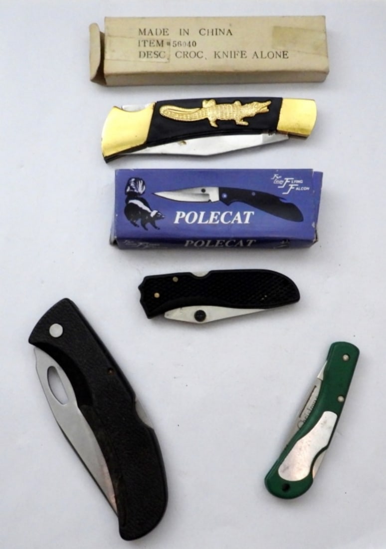 (4) LOCK BACK KNIFE LOT - CROCIDILE: NEW IN BOX, POLECAT NEW IN BOX & (2) OTHER USED