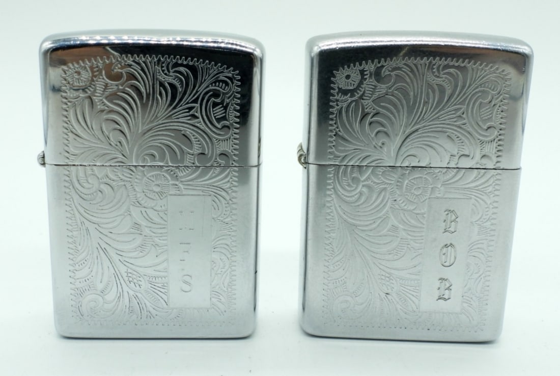 (2)FIRED 1977 ETCHED FLOWER ZIPPOS: FIRED, PRETTY ETCHED DESIGN, BOTH ENGRAVED ON THE RIGHT CORNER, "MFS" AND "BOB"