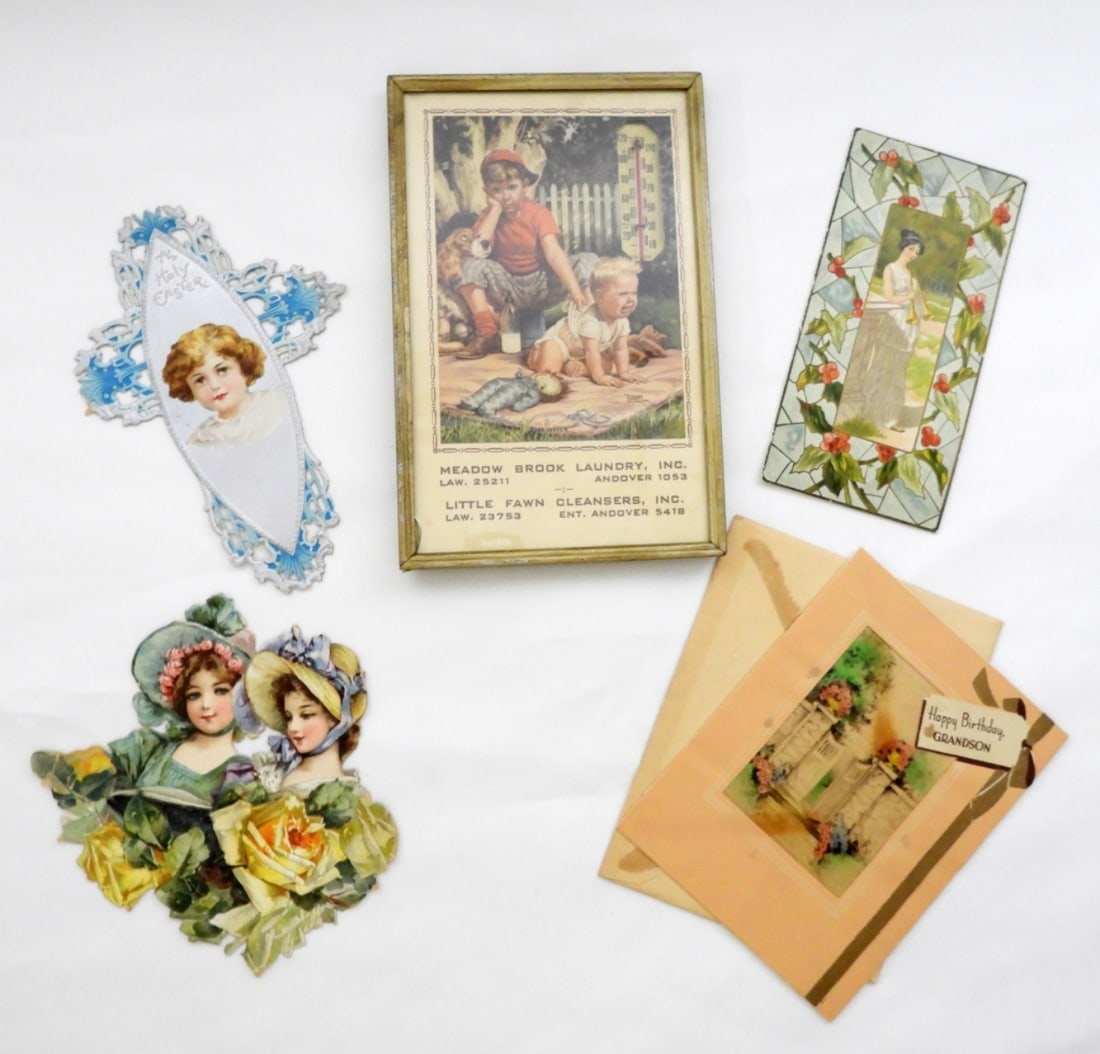 1952 advertising FRAMED THERMOMETER &: CALENDAR for MEADOW BROOK LAUNDRY plus (4) VINTAGE GREETING CARDS