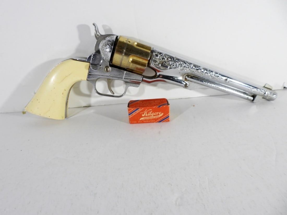 13 1/2" LONG COLT .45 CAP GUN: WORKING CONDITION - SOLID PIECE - HANDLE has CRACK