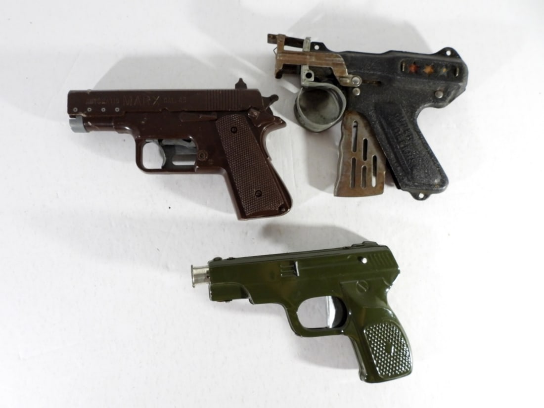 (3) TOY GUNS - SUPER DEFENSE, MARX .45 &: GREEN ARMY GUN - ALL WORKING CONDITION