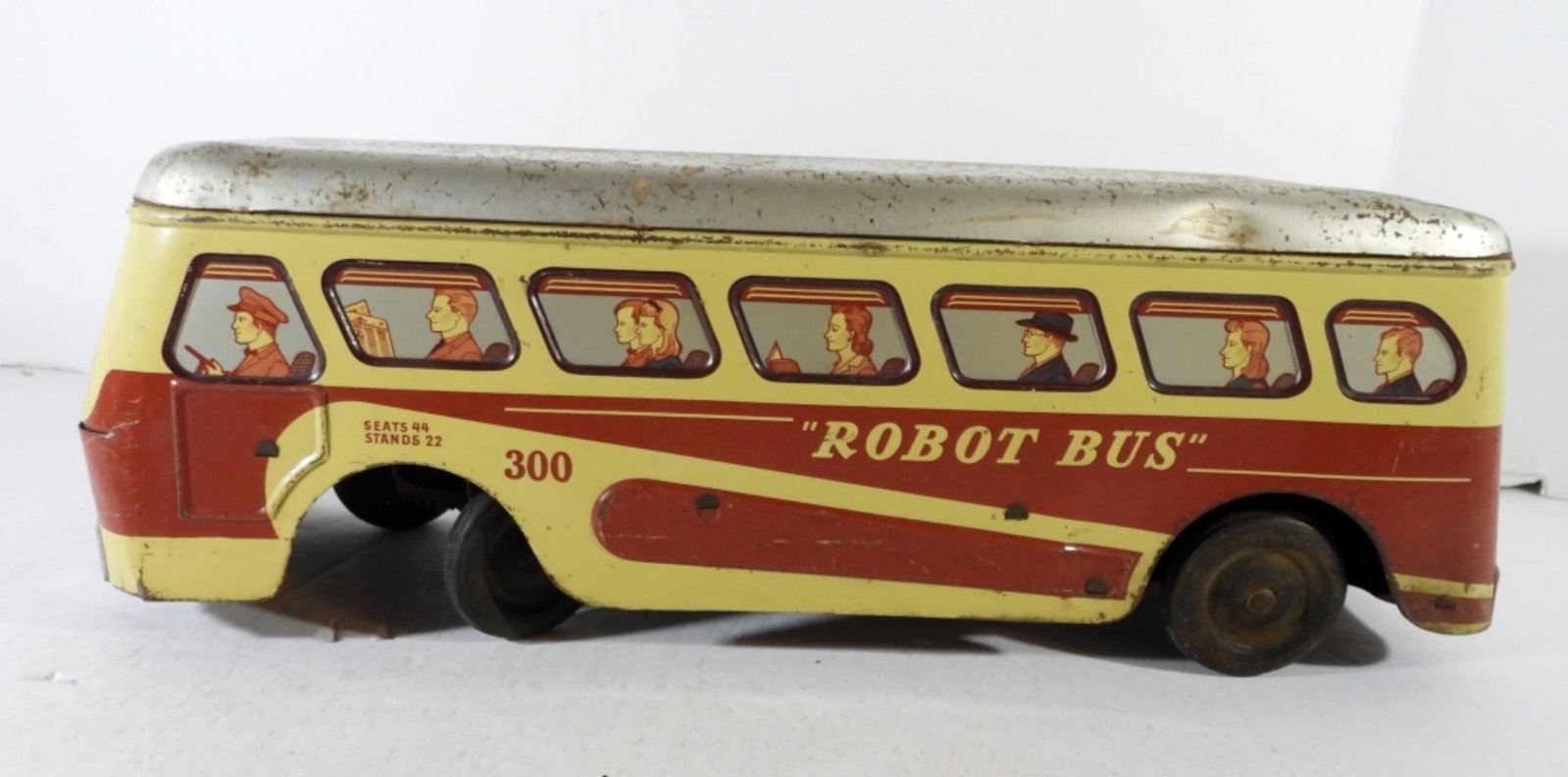 1950s Woodhaven Robot Bus #300: Antique Tin Metal Wind Up - made USA - WINDS & WORKS slowly