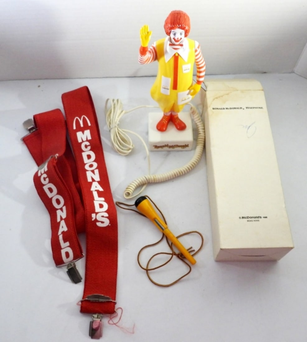 RONALD MCDONALD PHONE IN BOX & MORE: 1985 RONALD MCDONALD TELEPHONE IN ORIGINAL BOX, ALSO MCDONALD'S SUSPENDERS & PEN