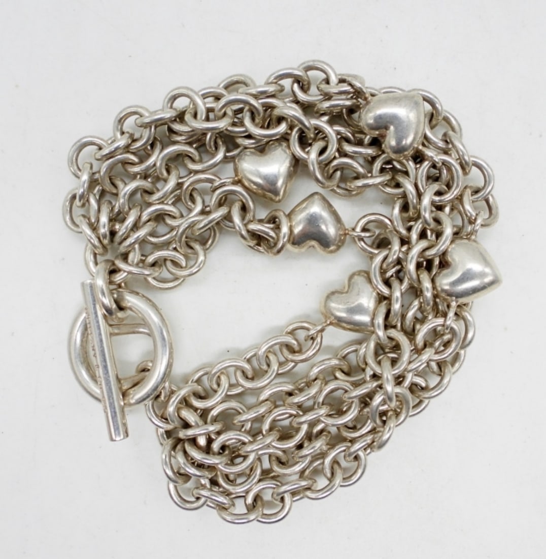 TIFFANY & CO 925 LAYERED BRACELET: 64DWT, 5 CHAINS LAYERED, WITH HEARTS, STAMPED TIFFANY & CO 925 ON TOGGLE CLASP