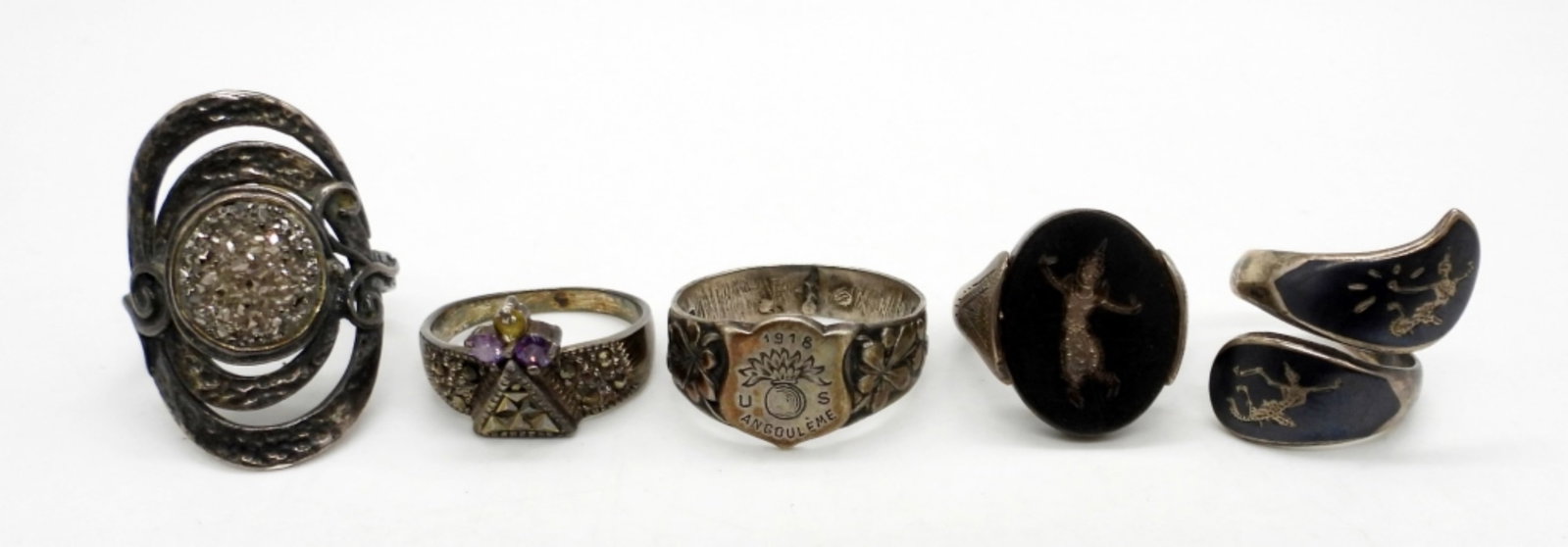 (5) STERLING SILVER FASHION RINGS: MARCASITE - SIZES VARY 5-10 - STAMPED 925 - 16.7 DWT