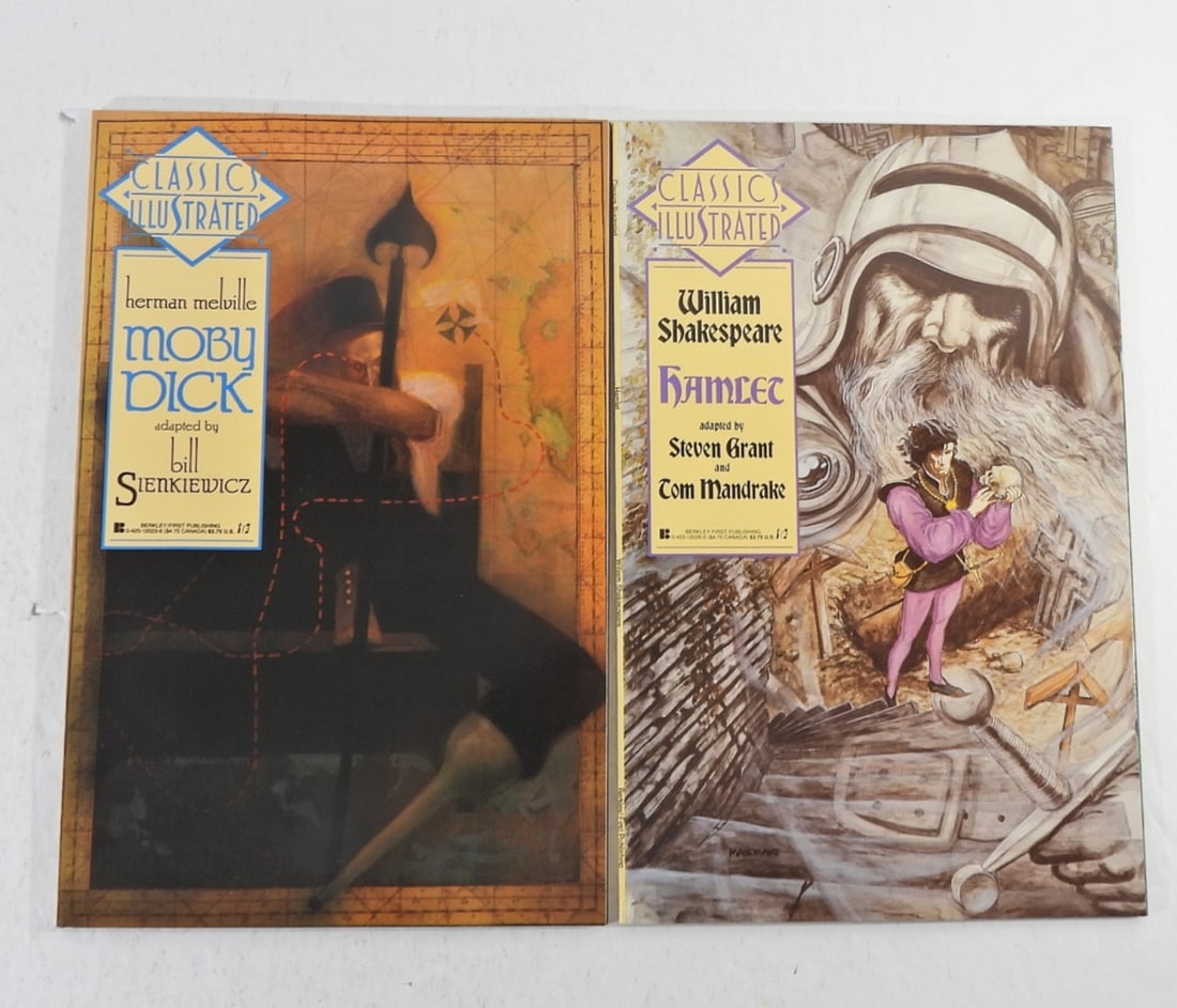 CLASSICS ILLUSTRATED-MOBY DICK & HAMLET: CLASSICS ILLUSTRATED WILLIAM SHAKESPEARE HAMLET, ADAPTED BY STEVEN GRANT & TOM MANDRAKE. HERMAN MELVILLE MOBY DICK ADAPTED BY BILL SIENKIEWICZ. 1990-NEAR MINT.