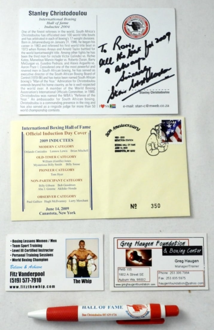 STANLEY CHRISTODOULOU BOXING AUTO: JSA CERTIFIED - HOF POSTCARD with PEN & 20th ANNIV CACHET BOXING HOF 2009 ENVELOPE
