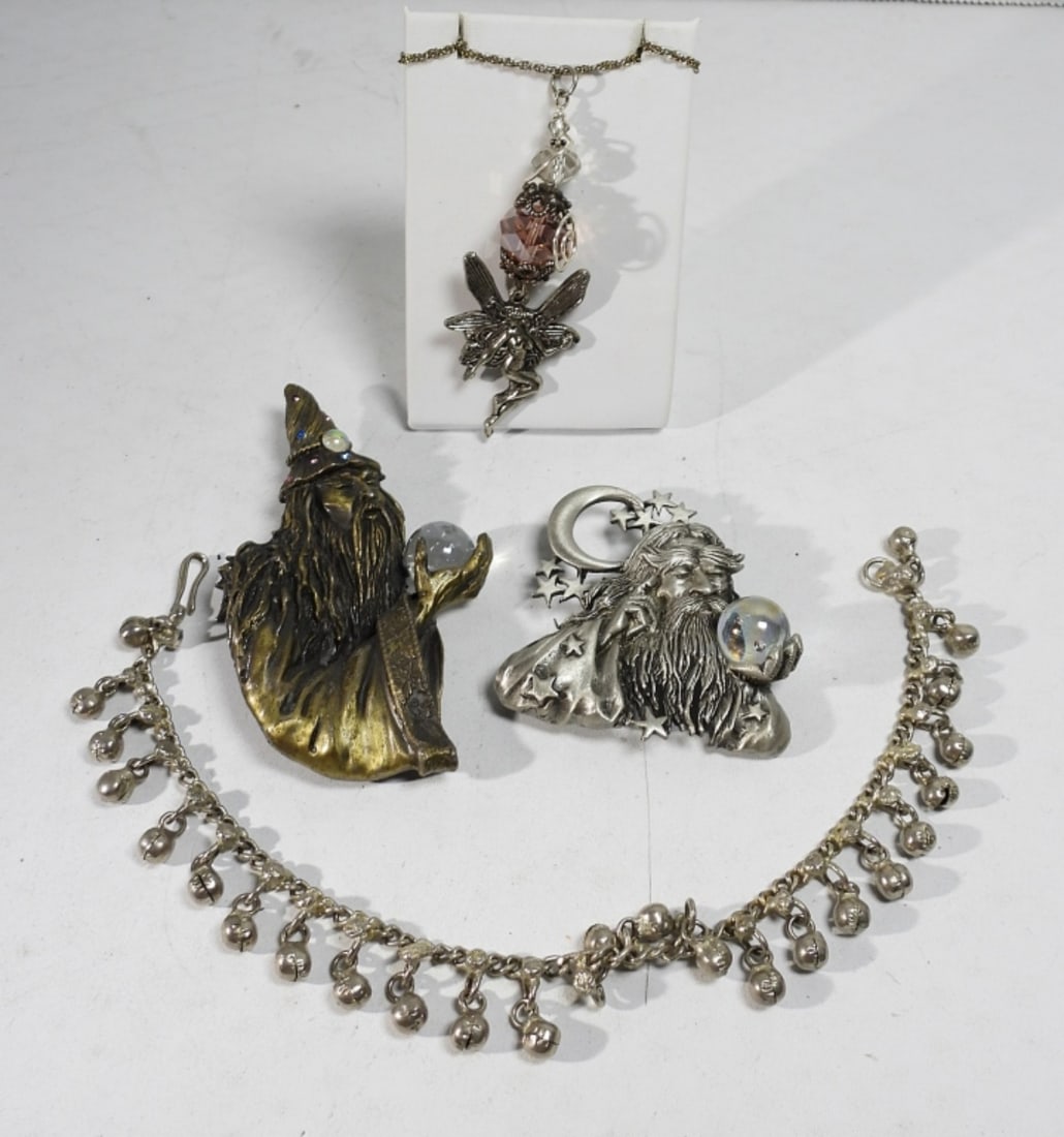 FUN WIZARD FAIRY BELLS SET: TWO SILVER/BRONZE TONE WIZARD BROOCHES (4"x2" & 2.5"x2.5"). FAIRY GEMSTONE PENDANT ON A 24" SILVERTONE CHAIN. JINGLY BELL ANKLE BRACELET 10".