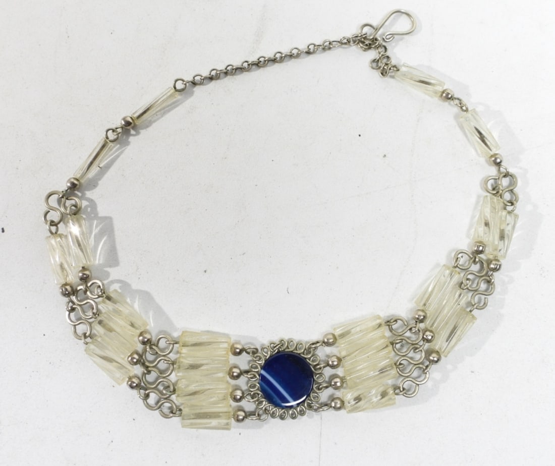CLEAR GLASS BEADED BRACELET w/BLUE: CENTER ACCENT STONE - 13" LONG (CHOKER NECKLACE / BRACELET with EXTRA CHAIN)