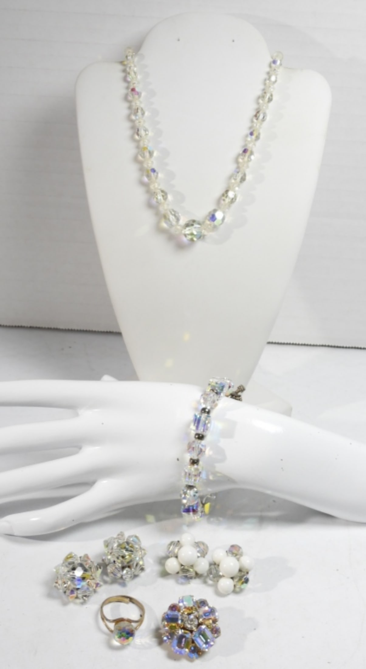 AURORA BOREALIS JEWELRY LOT: 8" BRACELET, 12" NECKLACE, (2) CLIP-ON EARRING SETS, ADJUSTABLE RING & PIN