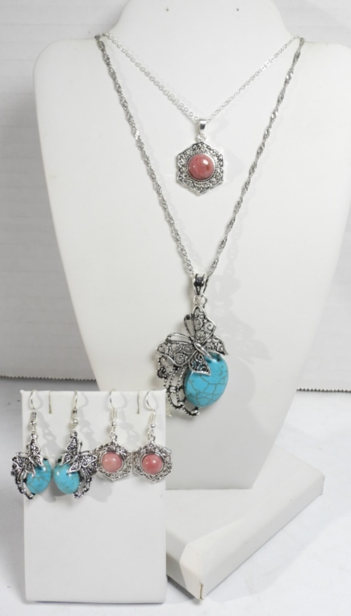 (2) MODERN NECKLACE / EARRING SETS: BUTTERFLY 18" & ROSE QUARTZ? 18"