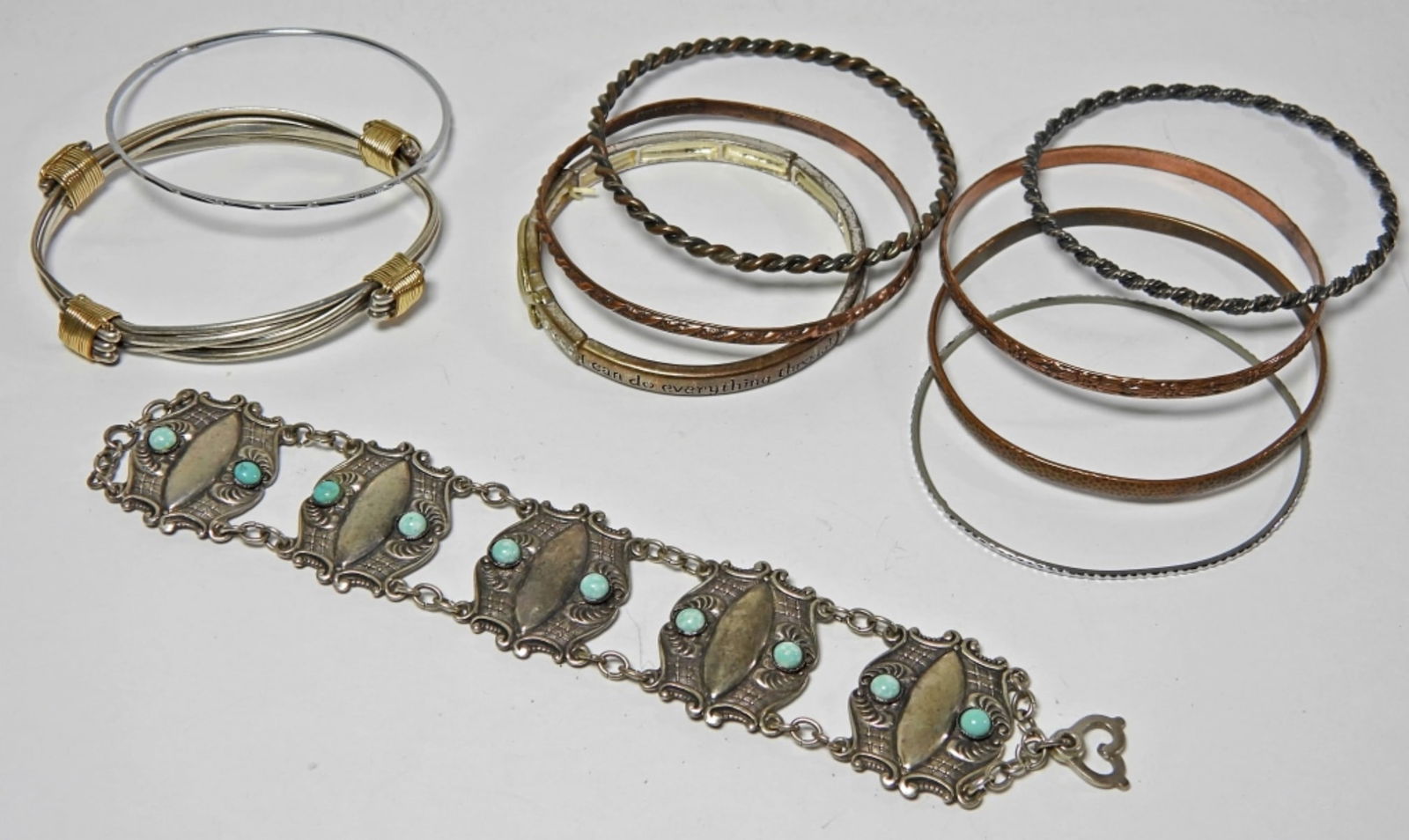 10CT OF SILVER AND BRONZE TONED BANGLES: 1 7INCH SILVER TONE BRACELET WITH TURQUOISE COLORED STONES. 9 SILVER AND BRONZE TONED BANGLES