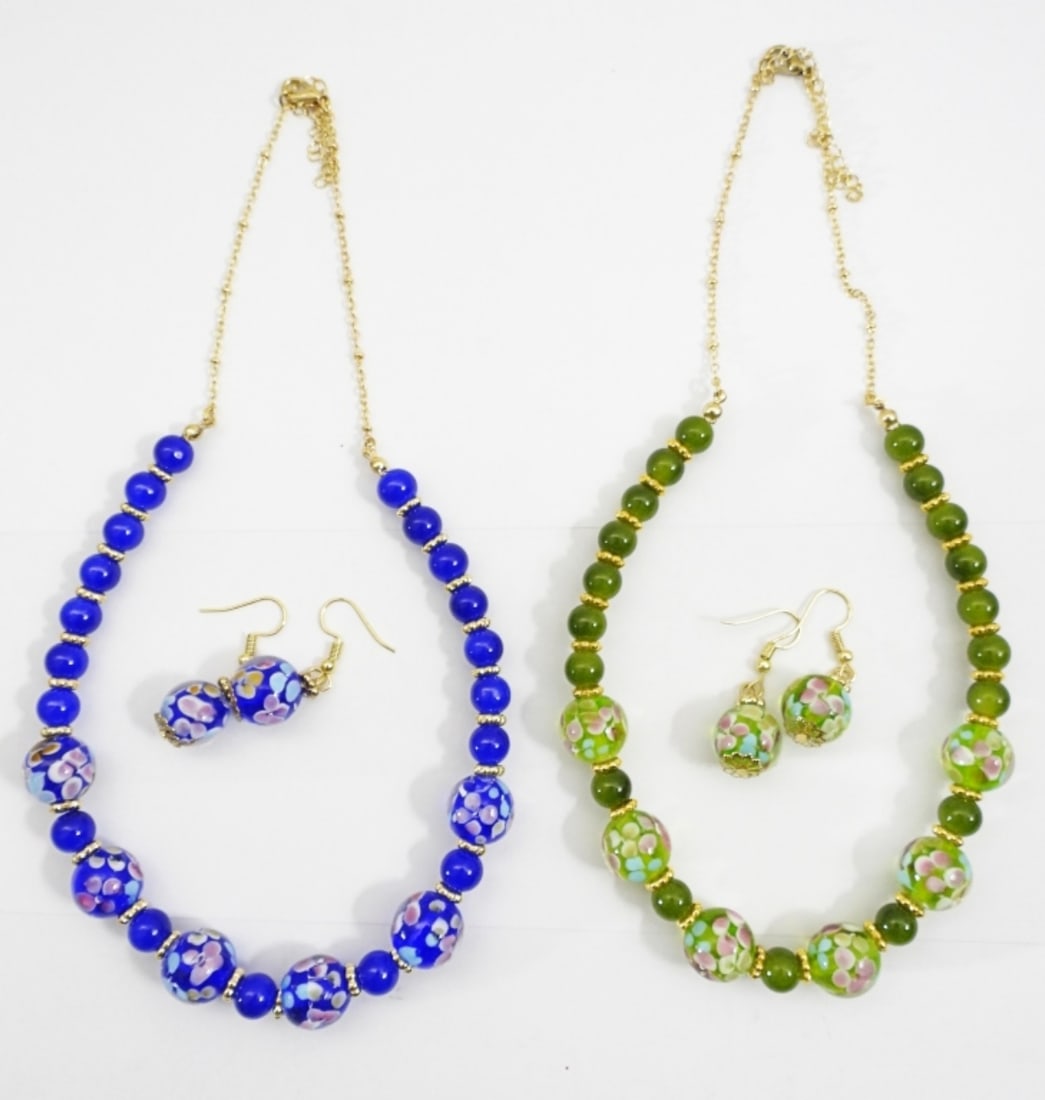 (2) LAMPWORK NECKLACE / EARRING SETS: 18" NECKLACE & PIERCED EARRINGS