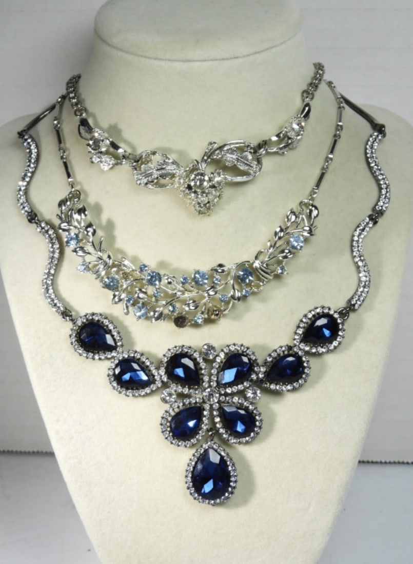 (3) SPARKLY NECKLACES: (1) missing LIGHT BLUE STONES - VARIOUS LENGTHS