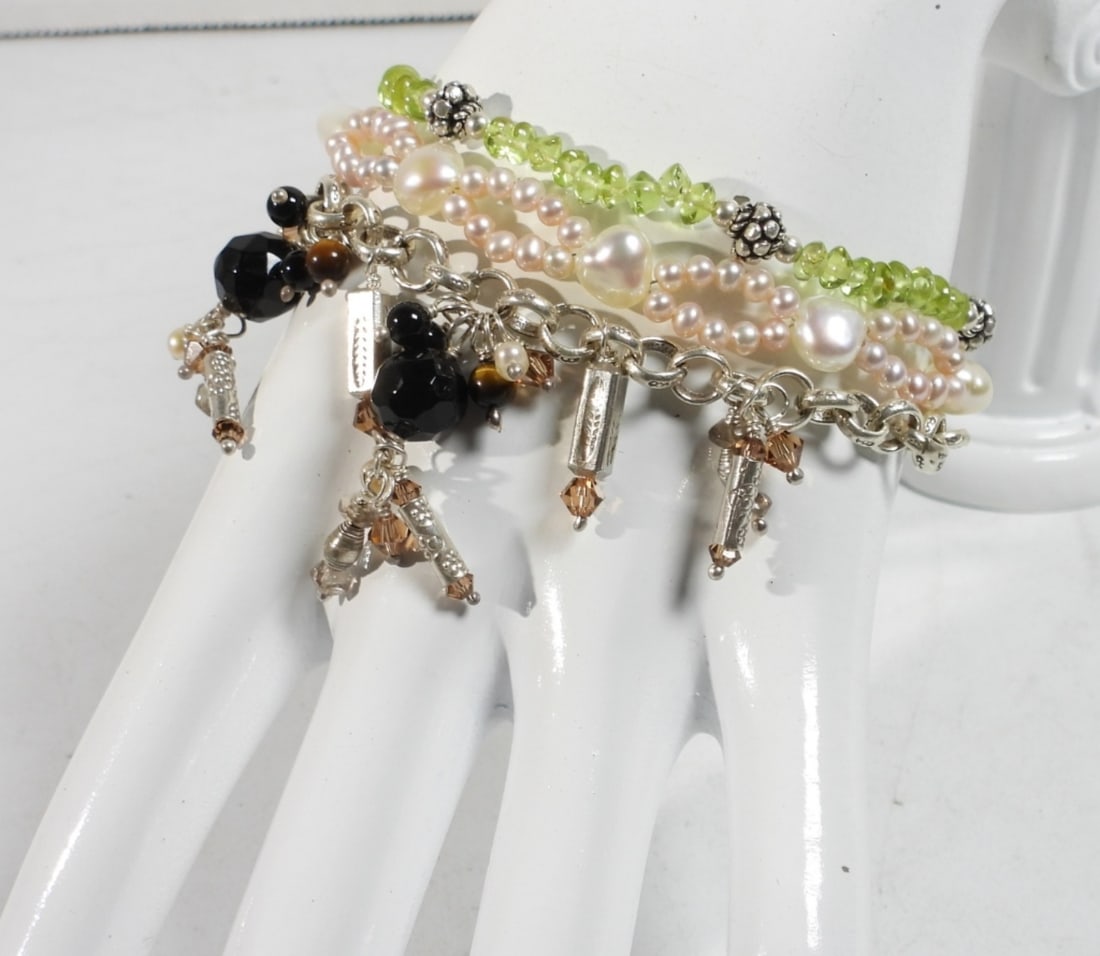 (3) STERLING SILVER & BEADED BRACELETS: 8" STERLING & BEADED BRACELETS WITH MOTHER OF PEARL, ONYX, & GEMSTONES