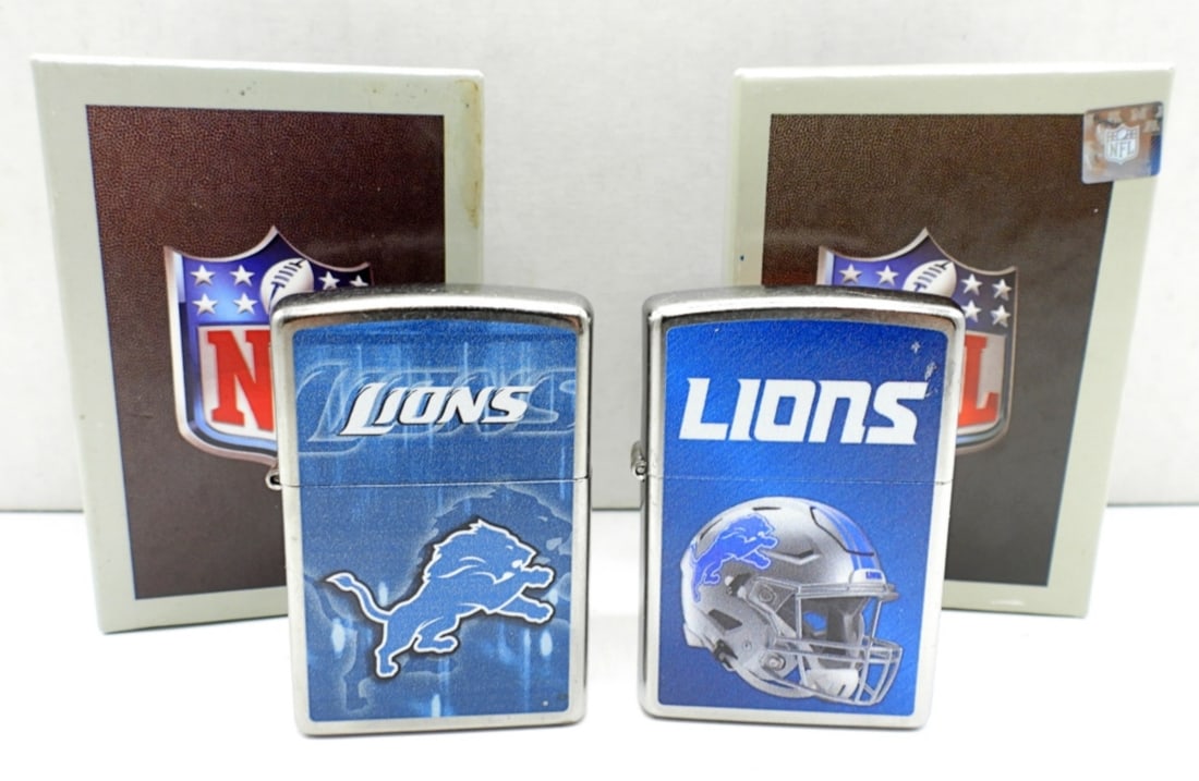(2) DETRIOT LIONS ZIPPO LIGHTERS: 2016- UNFRIED, WITH LIONS ON THE FRONT, 1- SEALED 2022 LIONS HELMET, BOTH IN ZIPPO NFL BOXES