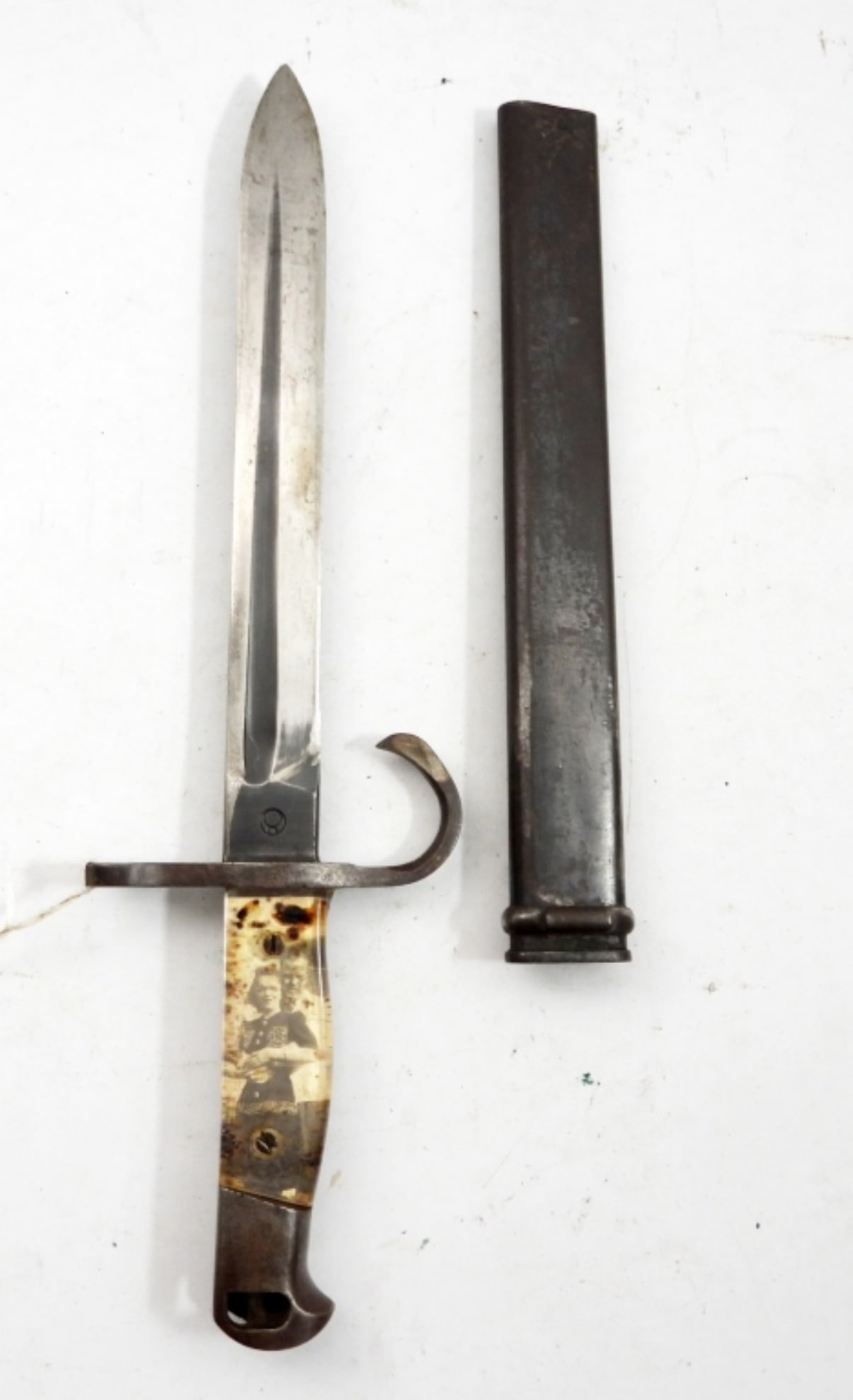 PICTURED HANDLE BAYONET - UNIQUE: SCABBARD CUT SHORT -COUPLE PICTURE with ACRYLIC TYPE HANDLE