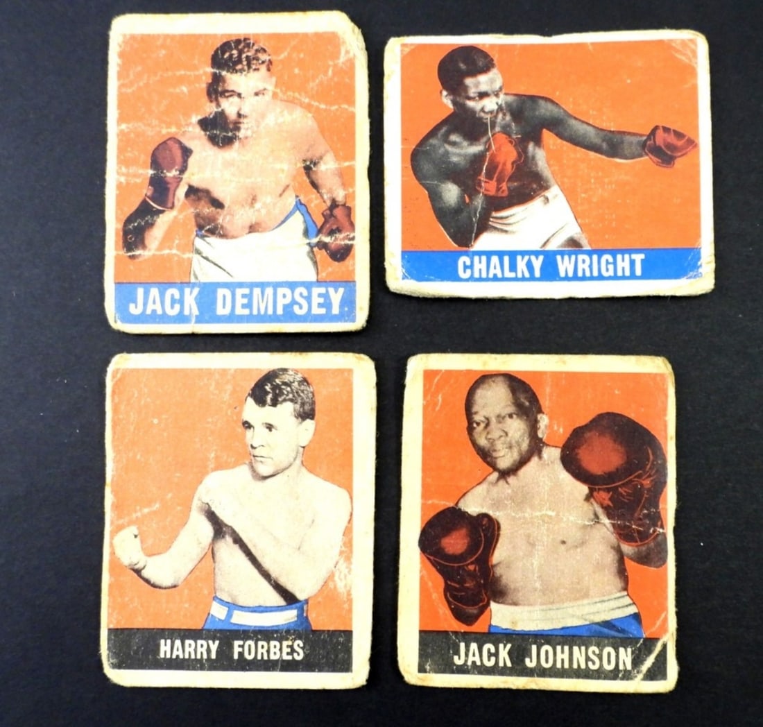 (4) 1948 LEAF BOXING CARDS JACK DEMPSEY: JACK JOHNSON, CHALKY WRIGHT, HARRY FORBES - LESSER CONDITION