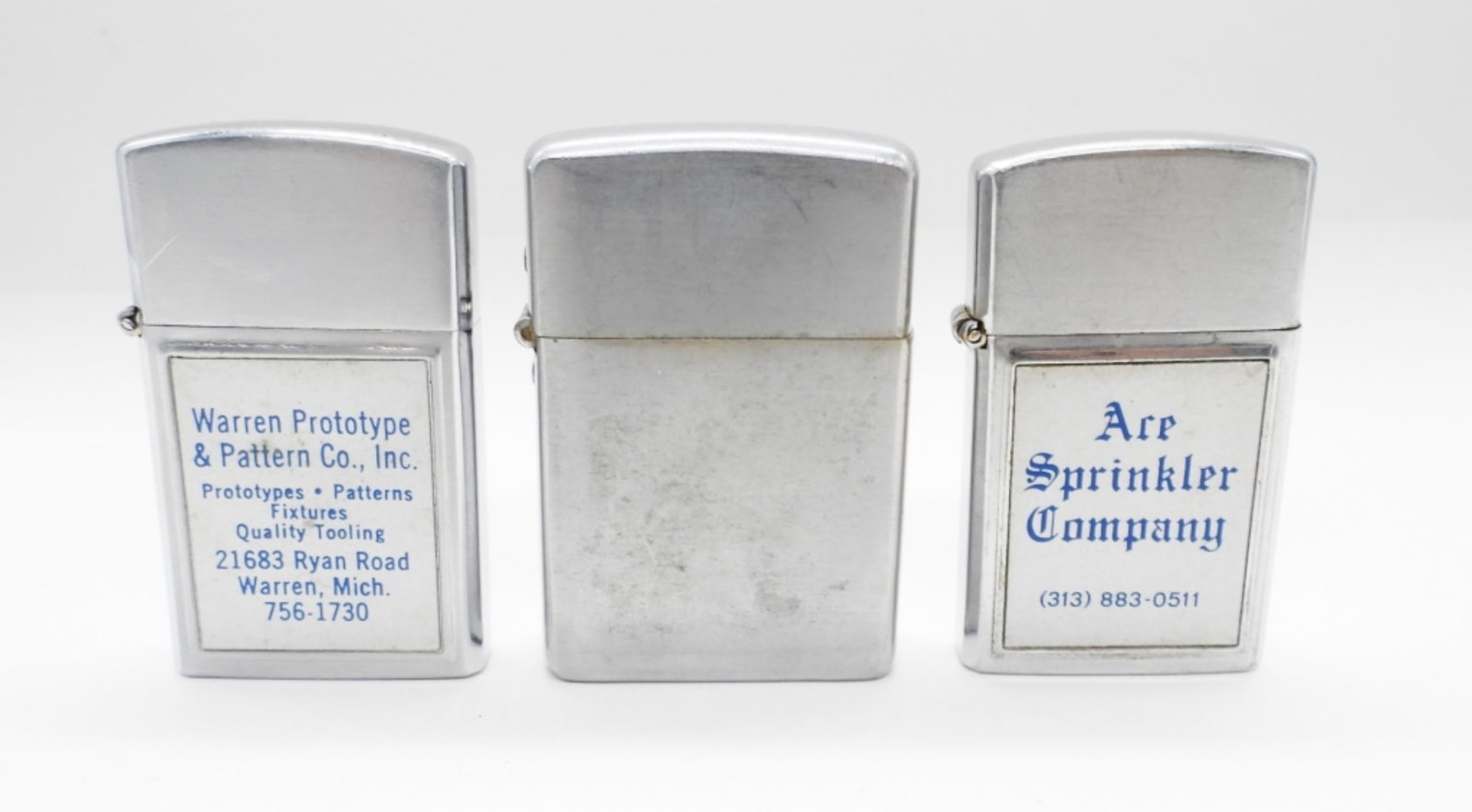 (3) VINTAGE LIGHTERS: 1 CHAMP FRIED LIGHTER, 1- BARLOW FIRED " WARREN PROTOTYPE & PATTERN CO. INC", 1- MADE IN JAPAN, " ARE SPRINKLER COMPANY"