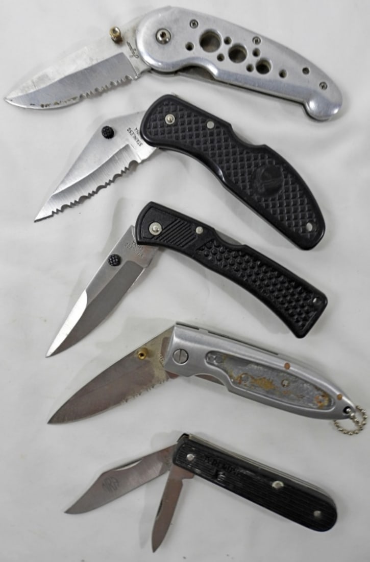 (5) CAMPING RANGER STYLE KNIFE LOT: VARIOUS BRANDS - USED LOT