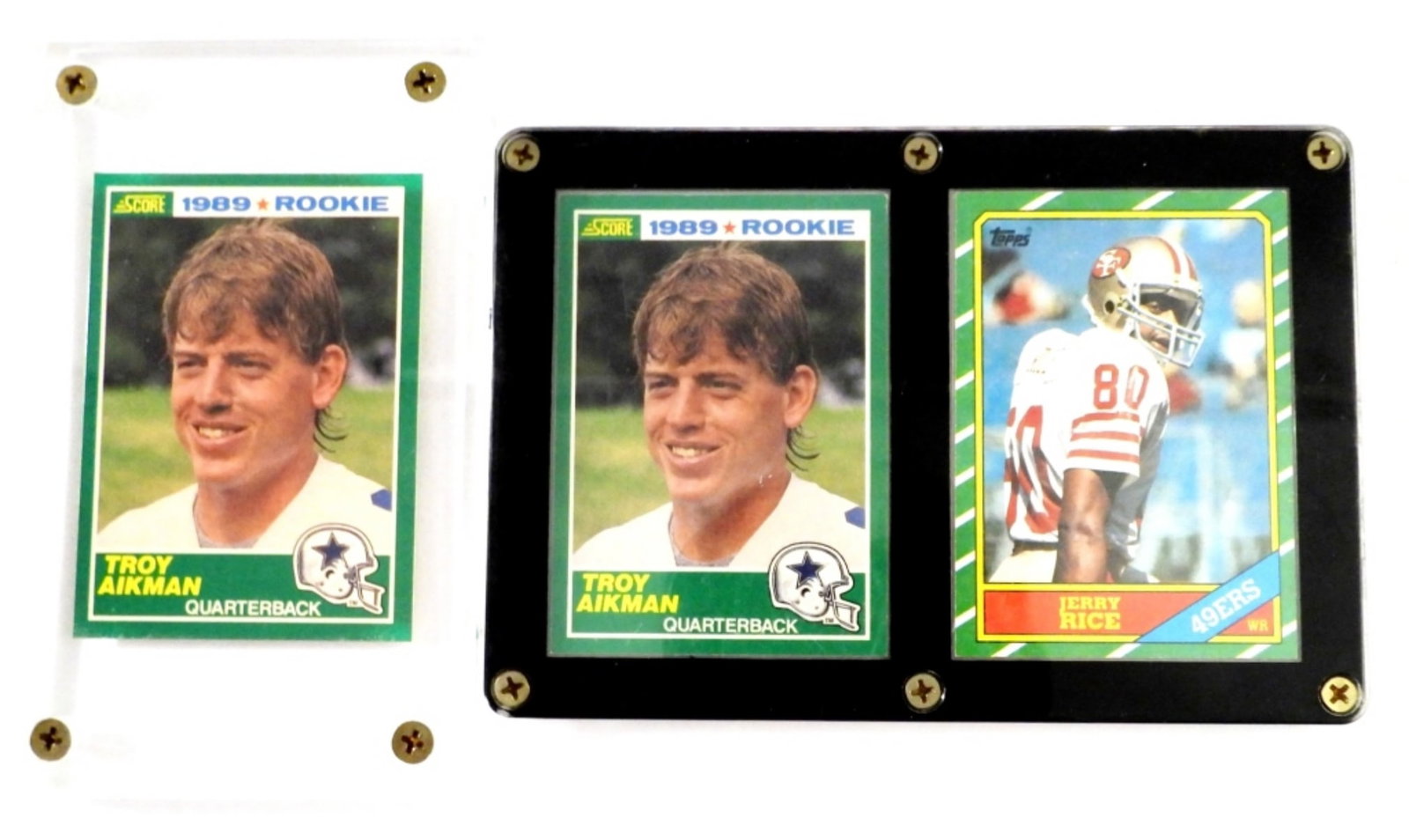 1986 TOPPS JERRY RICE ROOKIE (2) 1989: SCORE TROY AIKMAN ROOKIES - ALL IN SCREWDOWN HOLDERS / EM/NM