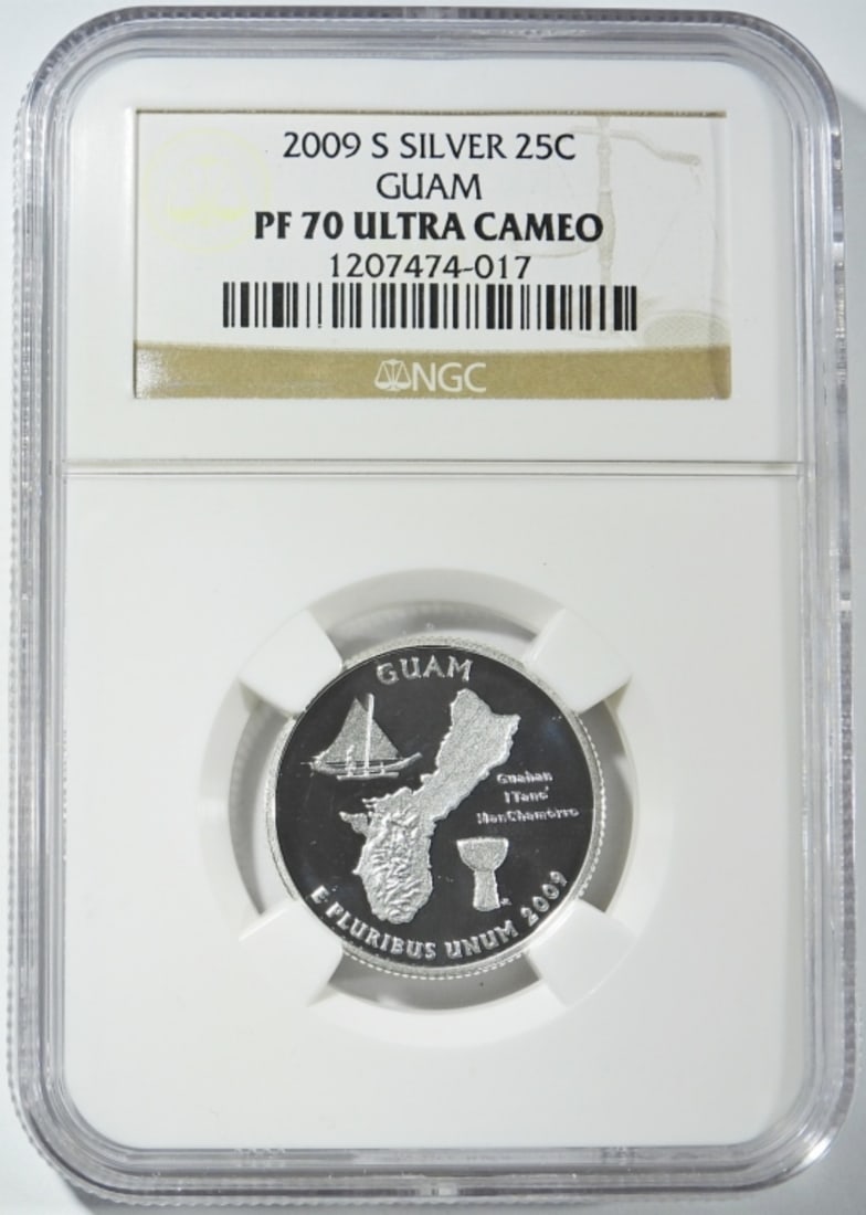 2009-S SILVER GUAM 25C NGC PF-70 UC: ONE STOP SHOP FOR ANTIQUES, COLLECTIBLES, AND COINS