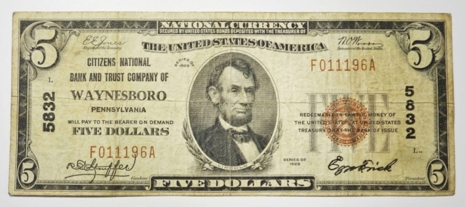 1929 $5 NATL CURRENCY WAYNESBORO, PA: CITIZENS NATIONAL BANK AND TRUST COMPANY OF WAYNESBORO, PENNSYLVANIA