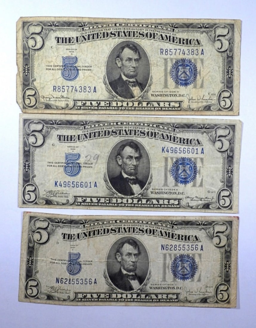 (3) 1934 $5 SILVER CERTIFICATES (1 of 2)