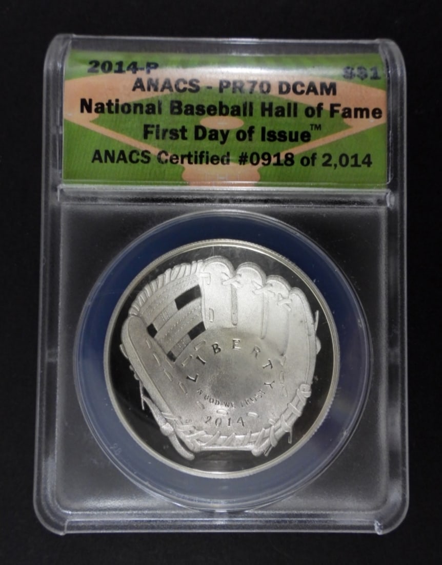 2014-P NATL BASEBALL HOF $1 SILVER: ANACS PR70 DCAM - FIRST DAY ISSUE