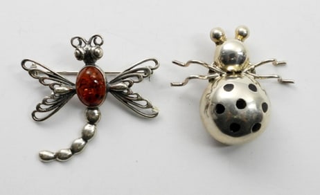 (2) STERLING BUG SHAPED BROOCHES