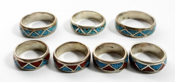 (7) TURQUOISE INLAY STERLING RINGS-UNISEX