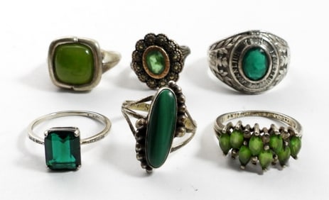 (6) GREEN GEMSTONE STERLING RINGS