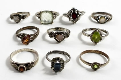 (10) STERLING SILVER RINGS WITH GEMS