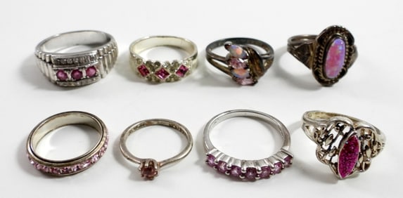 (8) STERLING PINK GEMSTONE RINGS