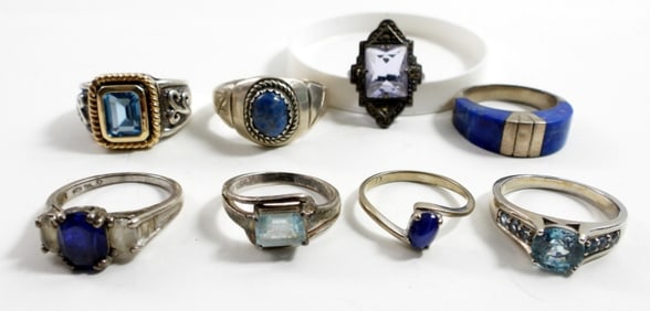 (8) STERLING BLUE GEMSTONE RINGS