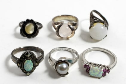 (6) FAUX PEARL NATURAL STONE 925 RINGS