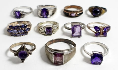 (11) STERLING PURPLE GEMSTONE RINGS