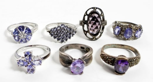 (7) STERLING SILVER & PURPLE GEM RINGS