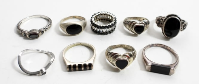 (9) STERLING SILVER & BLACK ONYX RINGS