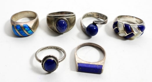 (6) STERLING SILVER & BLUE STONE RINGS
