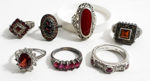(7) STERLING SILVER & RED STONE RINGS